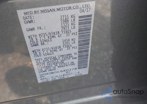 2017 Nissan Pathfinder S/Sv/Sl/Platinum из США, поврежденный, VIN 5N1DR2MN7HC680378